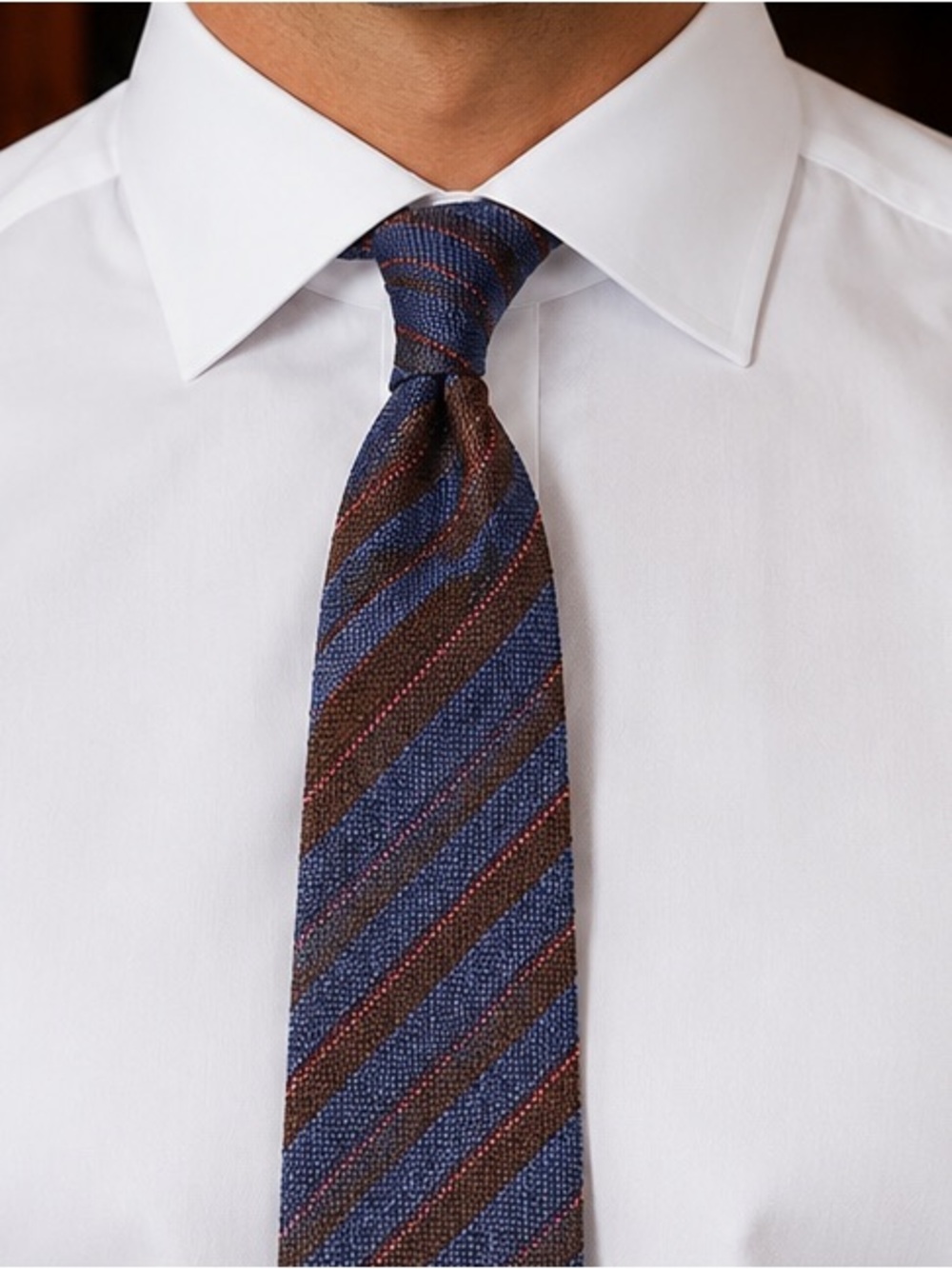 Kiton 100% Cashmere Slate Blue, Brow,n and Pink Striped Tie